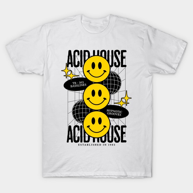 ACID HOUSE  - 3 Smiley's (Black) T-Shirt by DISCOTHREADZ 